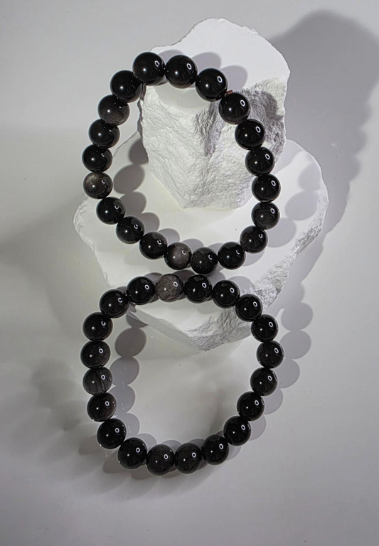 Silber Obsidian Armband klein - polierte Perlen natürlicher Glanz
